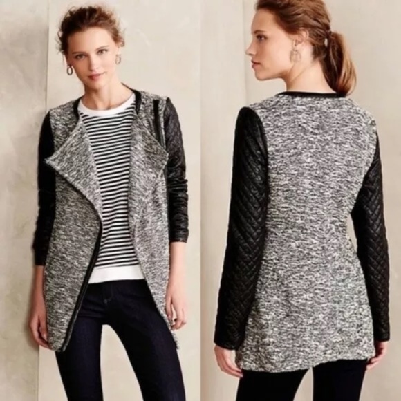 Cartonnier Tweed Asymmetric Zip Vegan Leather Coat